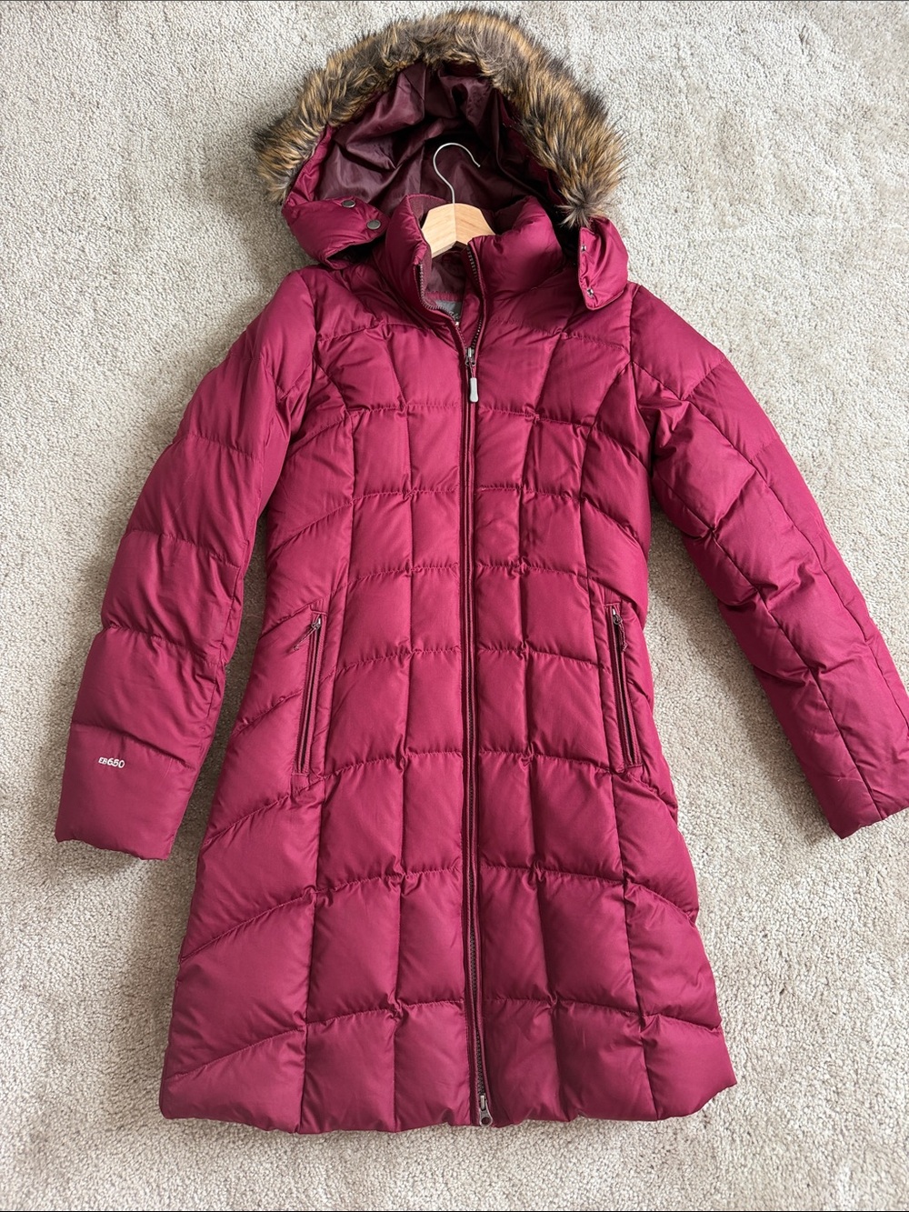 Eddie Bauer Women's Long Quilted Puffer Coat in Burgundy with Faux Fur Hood